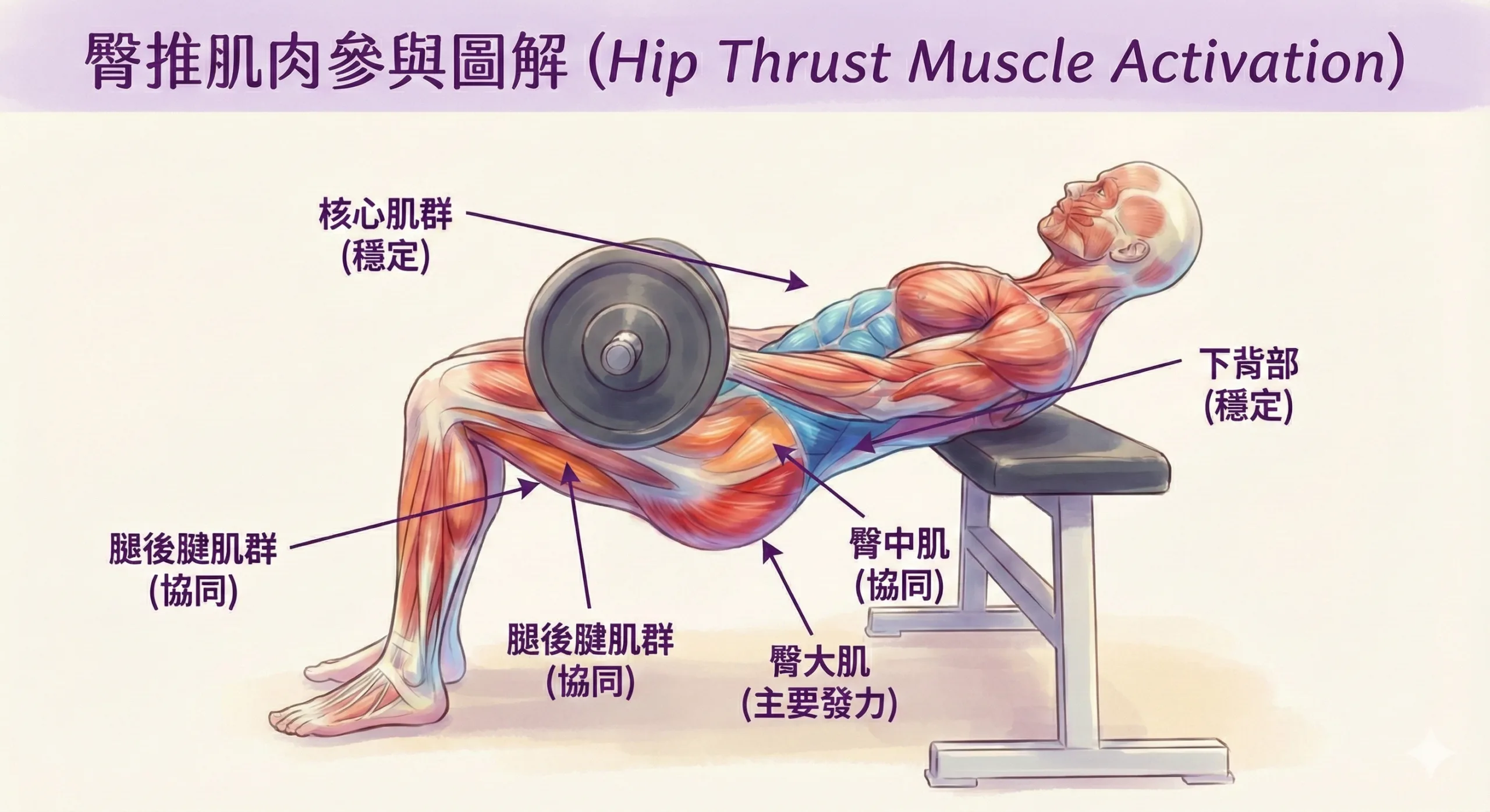 推練哪裡？臀大肌、腿後腱與核心肌群的發力位置圖解。