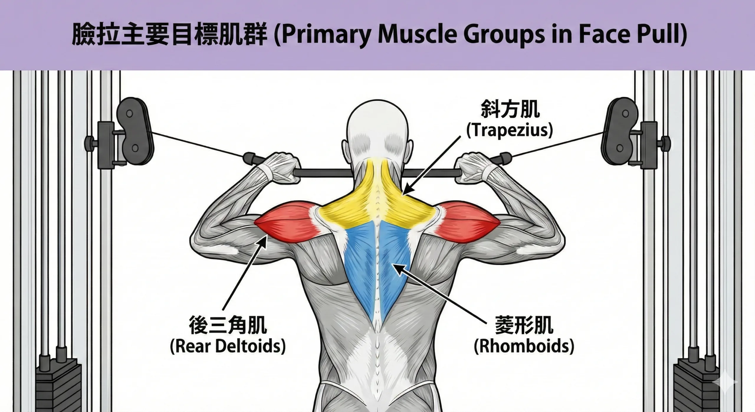 臉拉是一個複合動作，能同時訓練到多個常被忽略卻至關重要的上背部肌群。

主要目標肌群包括：



後三角肌 (Rear Deltoids): 位於你的肩膀後側，是打造立體「南瓜肩」不可或缺的一塊，負責將手臂水平向後拉。

菱形肌 (Rhomboids): 位於肩胛骨之間，是將你的肩胛骨向脊椎「夾緊」，讓你姿態挺拔的關鍵肌群。

斜方肌 (Trapezius): 臉拉主要訓練中、上斜方肌，能改善