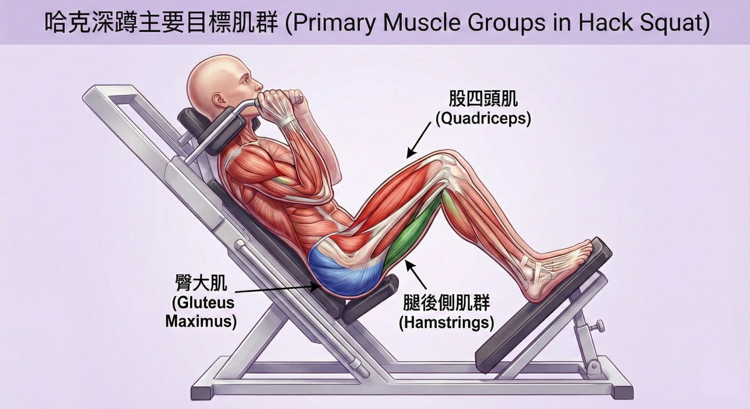 哈卡深蹲主要訓練股四頭肌 ,臀大肌 ,腿後側肌群