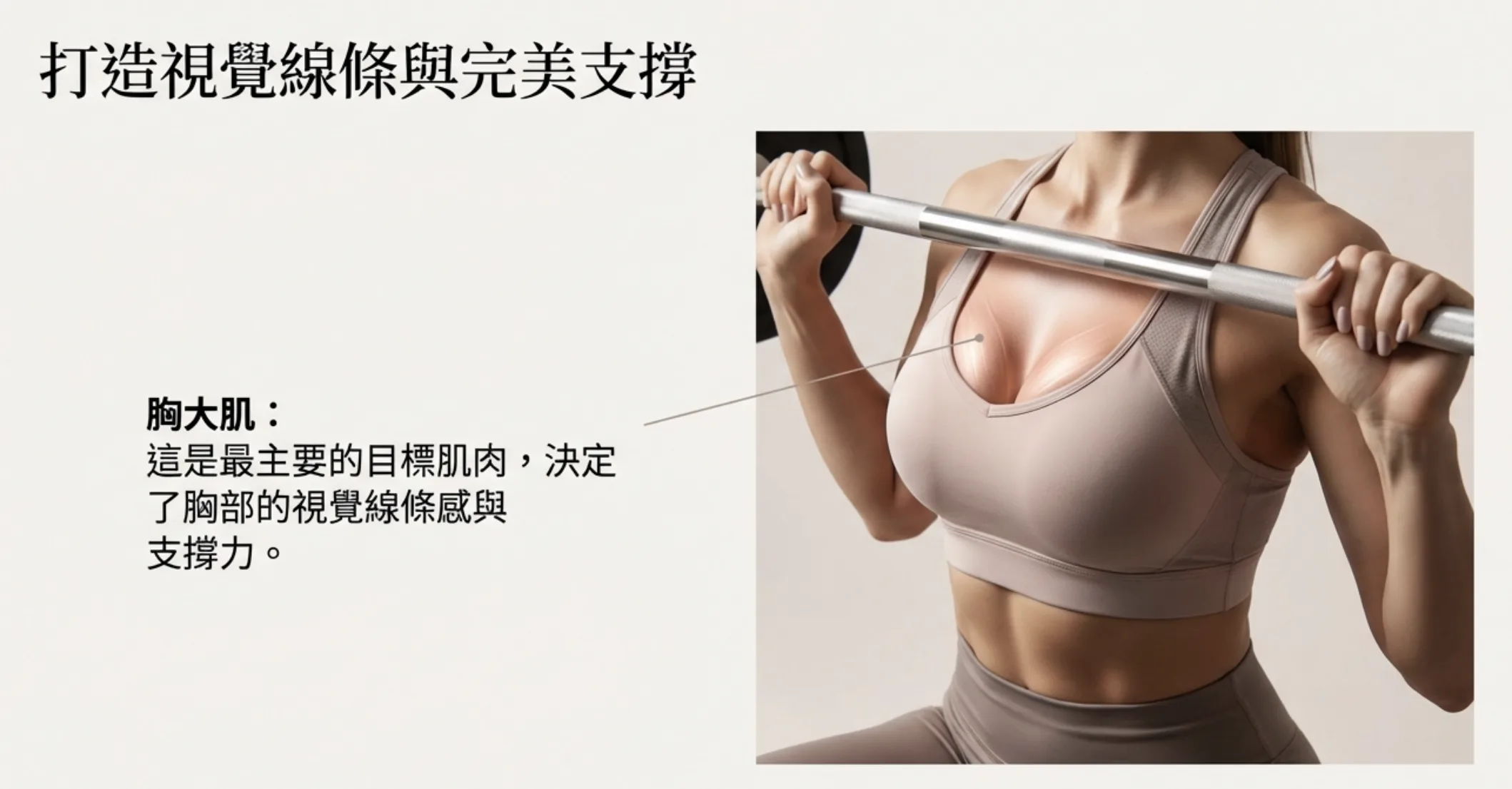 胸大肌：這是最主要的目標肌肉，決定了胸部的視覺線條感與支撐力。